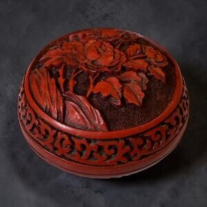 Antique Chinese Cinnabar Hand Carved Floral Peonies Ink Trinket Box 3.25” x 2”